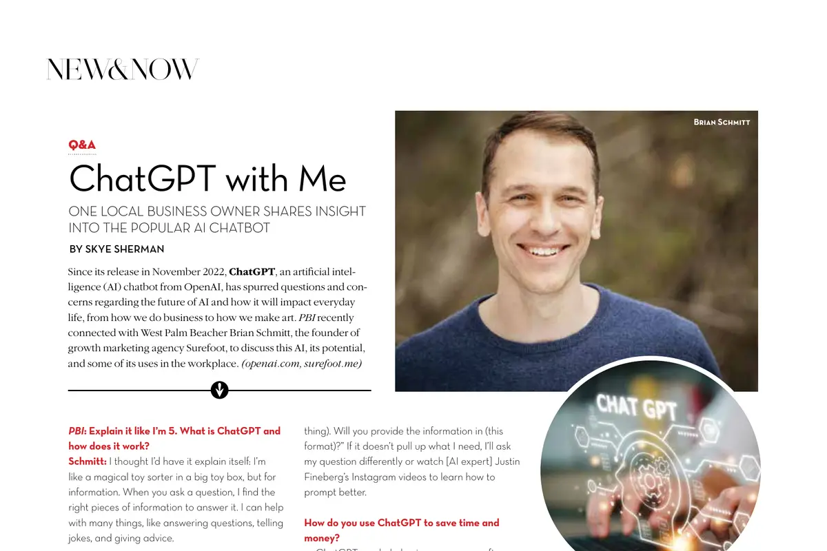 Palm Beach Illustrated, August 2023, page 24: the Q&A ChatGPT with Me, with a photo of Brian Schmitt